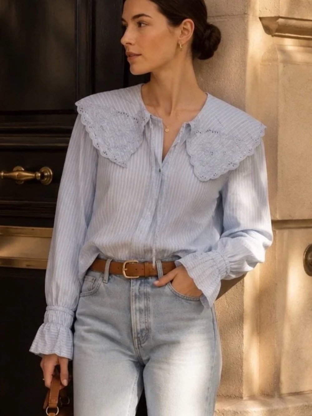 NWT Sz M H&M Divided Striped Blue & White Cotton Blouse with Embroidered Collar
